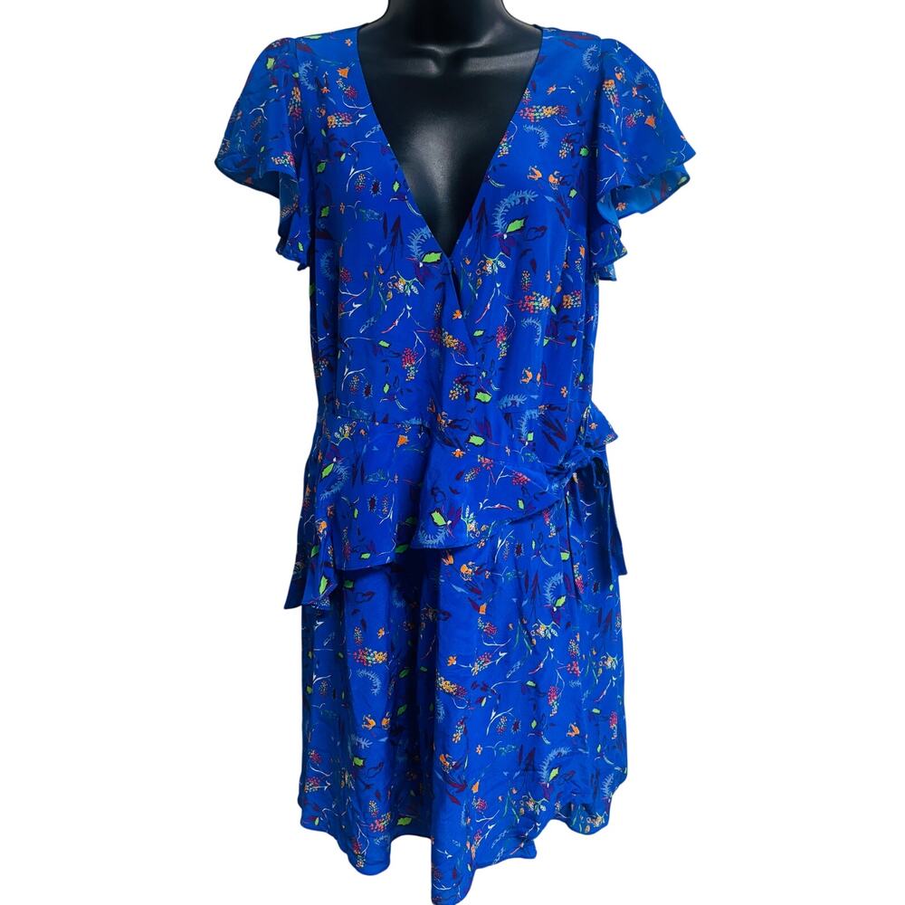 Tanya Taylor Silk Blue Floral Wrap Dress 8 Ruffle Tie Short Sleeve Women New